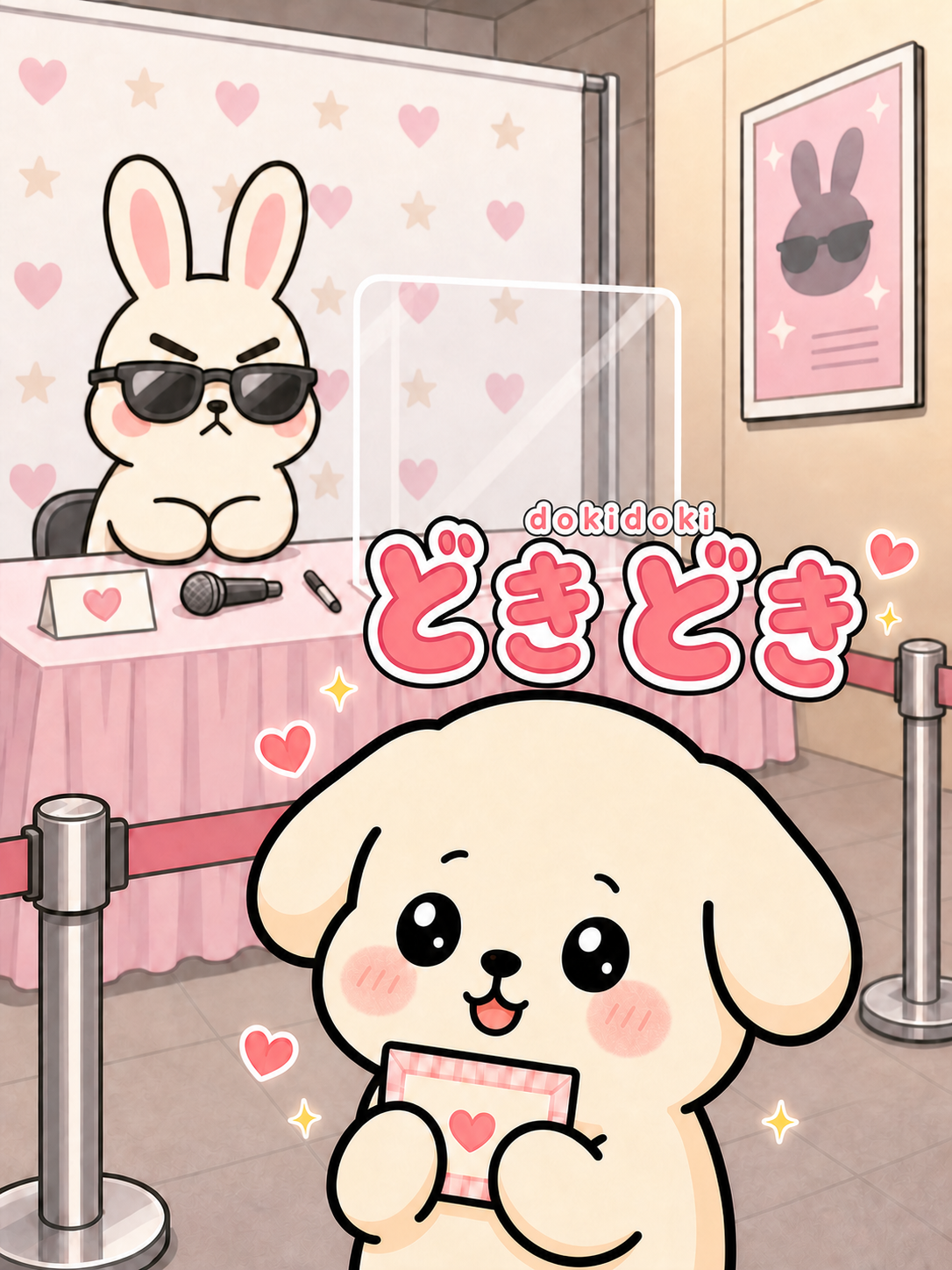 A round cream-colored character holds out a pink letter at a fan handshake event, while a white rabbit in sunglasses waits behind an acrylic panel at a table with a microphone. Japanese text reads "どきどき" (dokidoki).