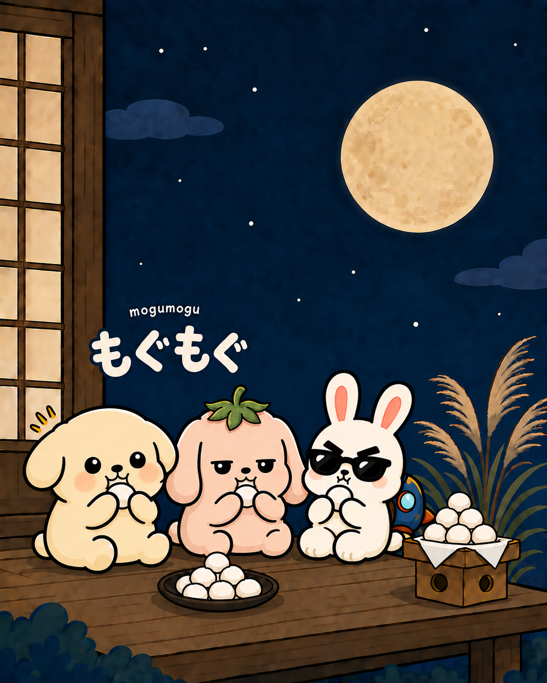 A round cream-colored character, a round peach-pink character with a green strawberry stem on its head and a white rabbit in sunglasses sit in a row on the veranda eating dumplings under the full moon, the rocket parked behind them. Japanese text reads "もぐもぐ" (mogumogu).