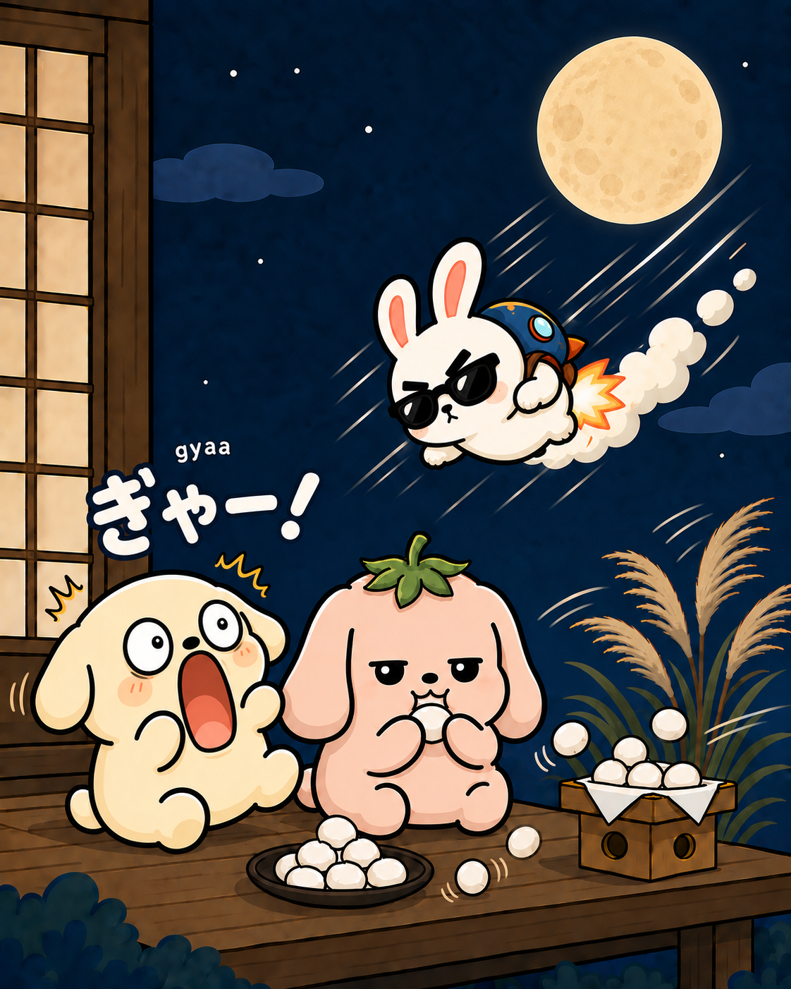 A white rabbit in sunglasses comes down from the full moon on a rocket, scattering the dumplings; a round cream-colored character screams while a round peach-pink character with a green strawberry stem on its head keeps chewing. Japanese text reads "ぎゃー！" (gyaa).
