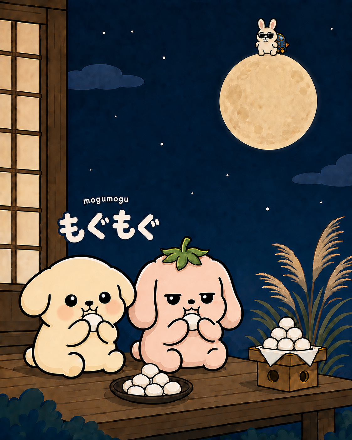 Friends eating tsukimi dango beneath the autumn moon