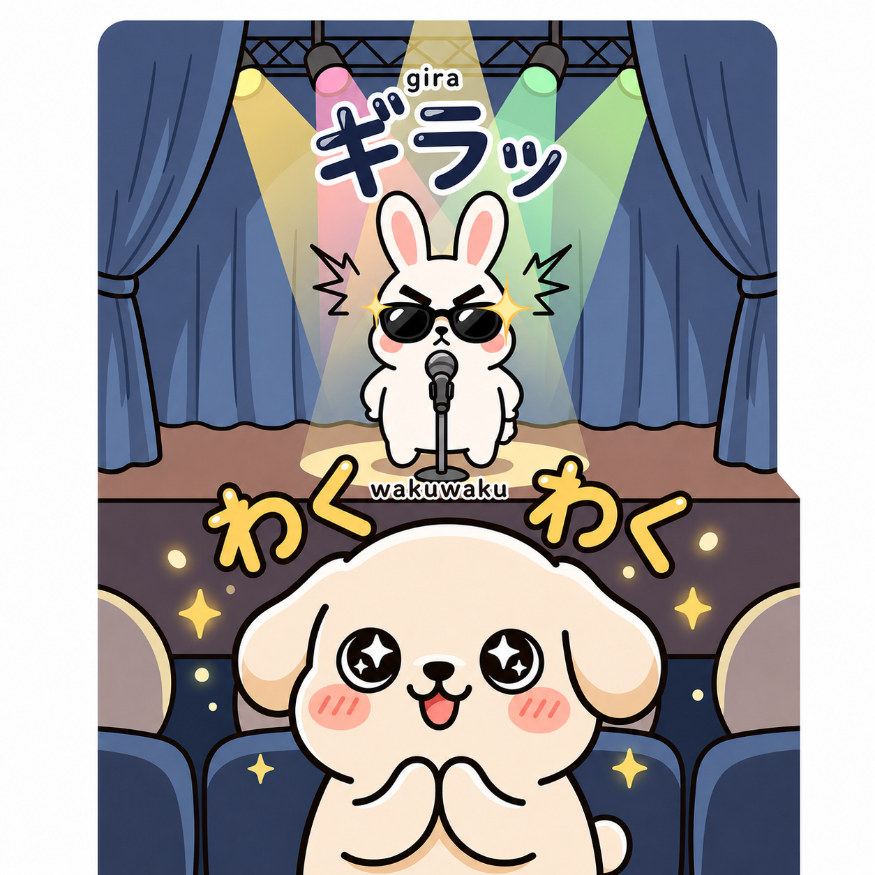 A white rabbit in sunglasses stands at a microphone under stage spotlights, while a round cream-colored character watches from the audience with star-shaped eyes. Japanese text reads "ギラッ" (gira) and "わくわく" (wakuwaku).