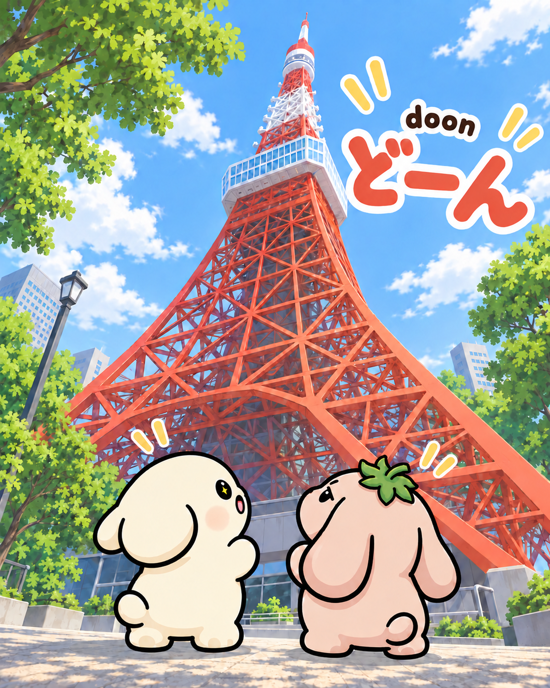 Seen from below, Tokyo Tower fills the sky above a round cream-colored character and a round peach-pink character with a green strawberry stem on its head, who stand at its foot looking up at the red steel frame. Japanese text reads "どーん" (doon).