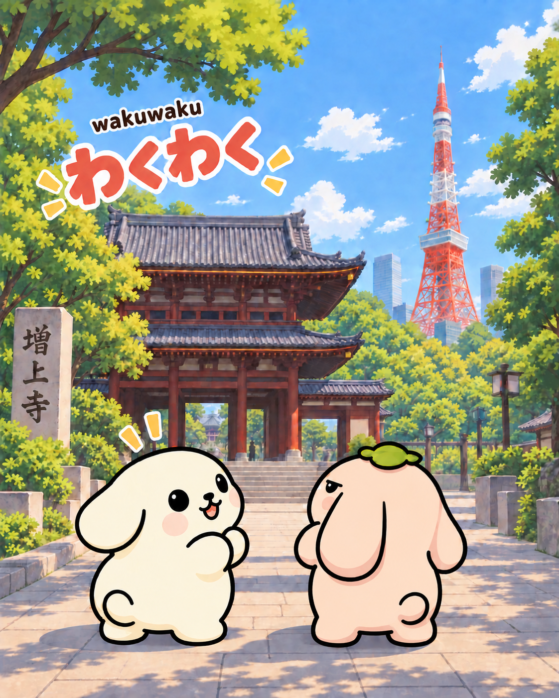 Omochi and Daifuku seeing Tokyo Tower beyond Zojoji